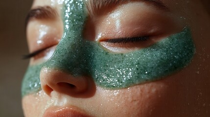 Obraz premium A close-up of a person with a green facial mask, promoting skincare and relaxation.