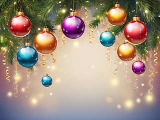 Christmas greeting holiday card template banner design with place for text. Balls on Christmas tree branch, stars, ribbons and light. Merry Christmas and Happy New Year 2025