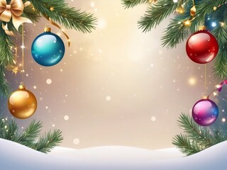 Christmas greeting holiday card template banner design with place for text. Balls on Christmas tree branch, stars, ribbons and light. Merry Christmas and Happy New Year 2025