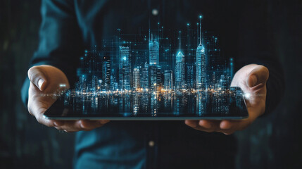 man holds a tablet showcasing a digital city skyline, representing the link between technology, urban growth, and the evolution of smart cities, innovation, and the future of digital transformation