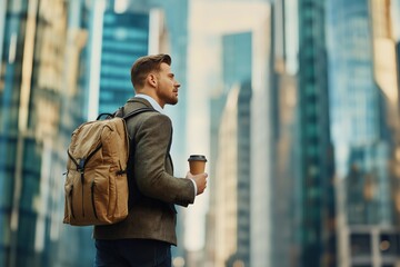 Fototapeta premium Casual businessman enjoys a coffee while walking through a modern cityscape on a bright day