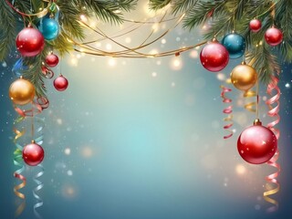 Christmas greeting holiday card template banner design with place for text. Balls on Christmas tree branch, stars, ribbons and light. Merry Christmas and Happy New Year 2025