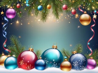 Christmas greeting holiday card template banner design with place for text. Balls on Christmas tree branch, stars, ribbons and light. Merry Christmas and Happy New Year 2025