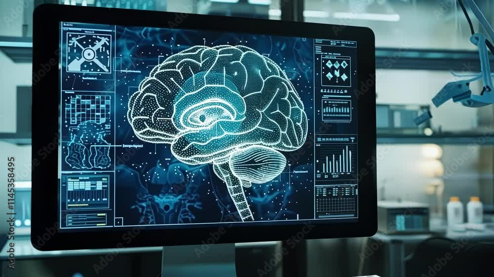 Poster computer monitor displaying a digital brain in a neuroscience laboratory is used to analyze data and