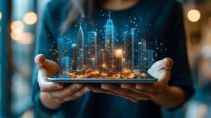 man holds a tablet showcasing a digital city skyline, representing the link between technology, urban growth, and the evolution of smart cities, innovation, and the future of digital transformation