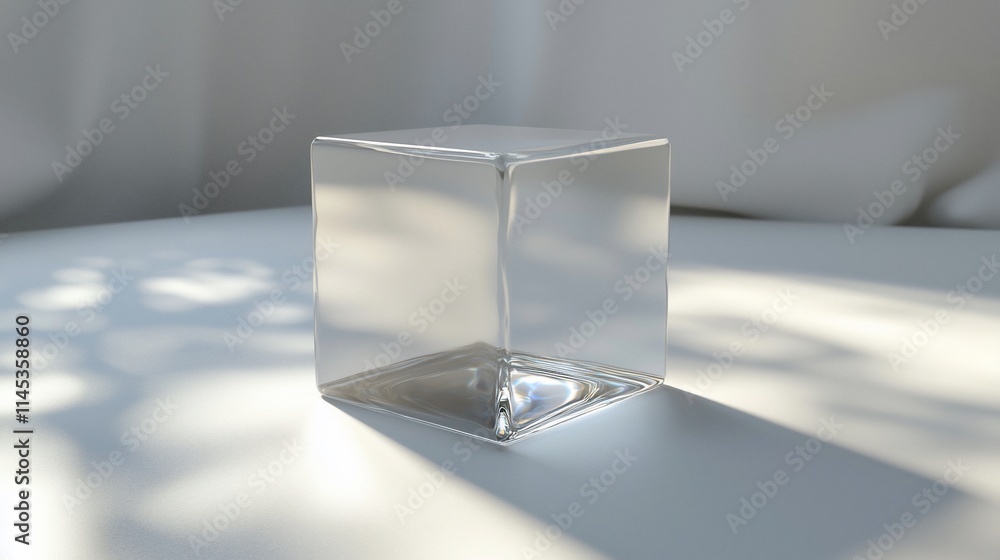 Poster transparent glass cube on white background with soft light.