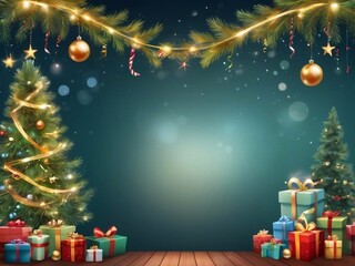 Christmas greeting holiday card template banner design with place for text. Christmas tree, balls, gift boxes, stars, ribbons and light. Merry Christmas and Happy New Year 2025