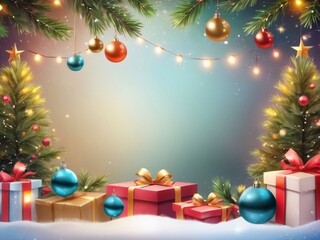 Christmas greeting holiday card template banner design with place for text. Christmas tree, balls, gift boxes, stars, ribbons and light. Merry Christmas and Happy New Year 2025