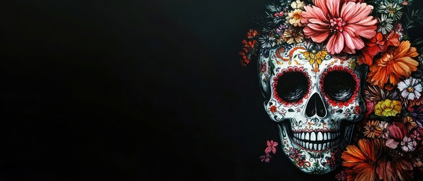 Sugar skull with floral ornament on black background. Sugar Skull - Calavera to celebrate Mexico's Day of the Dead