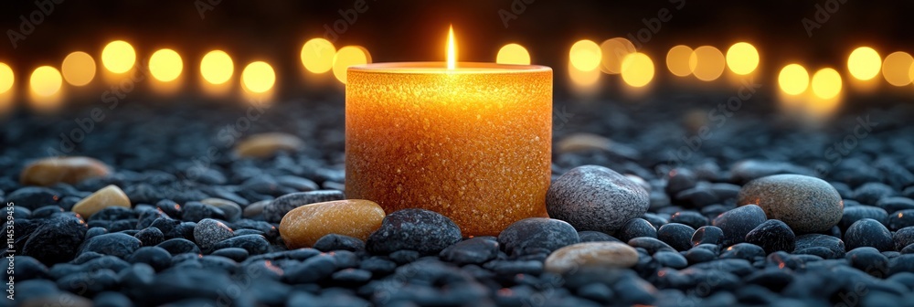 Poster lit candle on pebbles with bokeh lights.