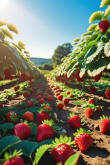 Obraz premium A lush and vibrant strawberry farm on a sunny day, with rows of green plants full of ripe, bright red strawberries. Clear blue skies above, warm sunlight illuminating the scene
