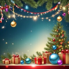 Christmas greeting holiday card template banner design with place for text. Christmas tree, balls, gift boxes, stars, ribbons and light. Merry Christmas and Happy New Year 2025