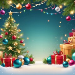 Christmas greeting holiday card template banner design with place for text. Christmas tree, balls, gift boxes, stars, ribbons and light. Merry Christmas and Happy New Year 2025