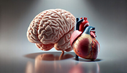 Generated image. Anatomical brain and human heart, realistic style, neutral gray background, medical education concept 