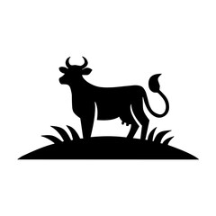 A black silhouette vector of a cow standing proudly on a grassy hill.
