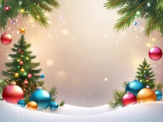 Christmas greeting holiday card template banner design with place for text. Christmas tree, balls, gift boxes, stars, ribbons and light. Merry Christmas and Happy New Year 2025