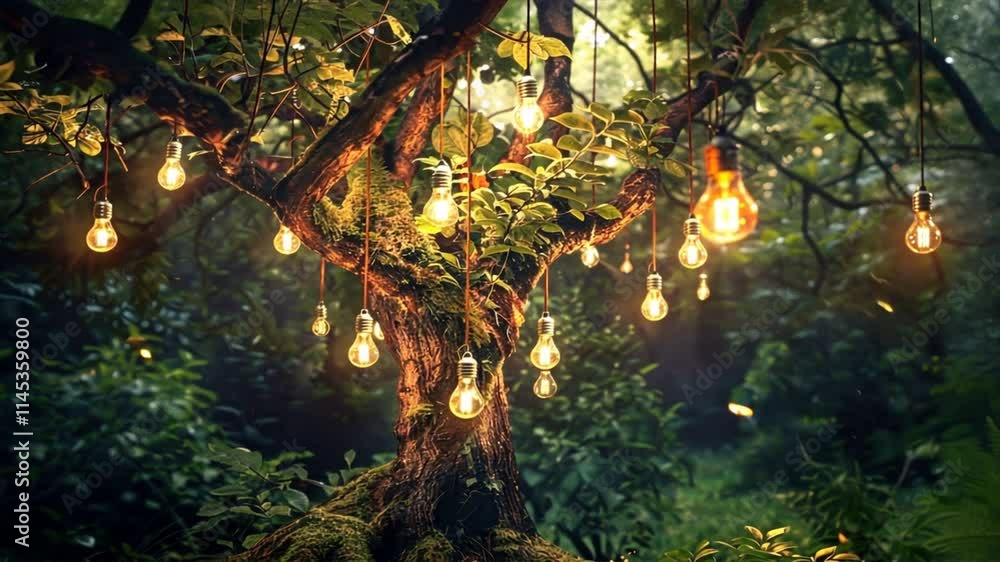 Poster magical illumination of trees with glowing bulbs in tranquil forest natures enchanting greenery and 