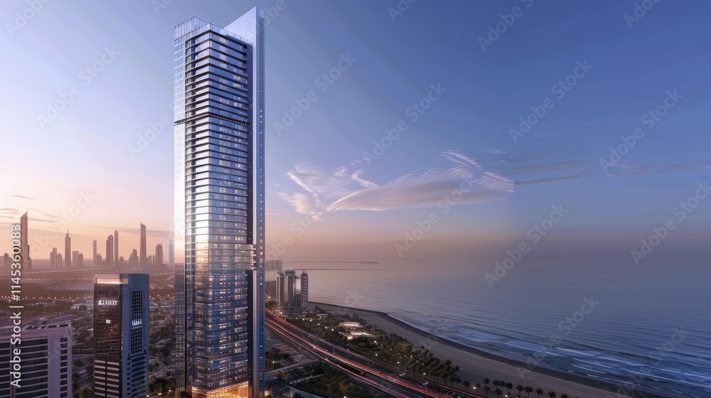 Poster modern skyscraper with ocean view at twilight in urban setting