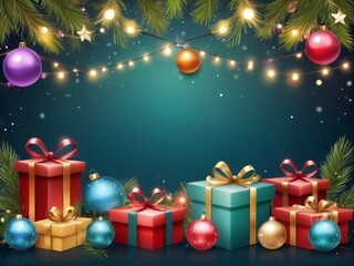 Christmas greeting holiday card template banner design with place for text. Christmas tree, balls, gift boxes, stars, ribbons and light. Merry Christmas and Happy New Year 2025