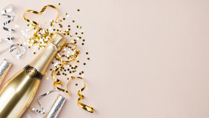 Fototapeta premium Golden champagne bottle with a foil wrapper, surrounded by gold confetti stars and party streamers in the left bottom corner, set against a pastel pink background.