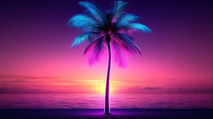 Obraz premium Neon palm tree at sunset on beach.