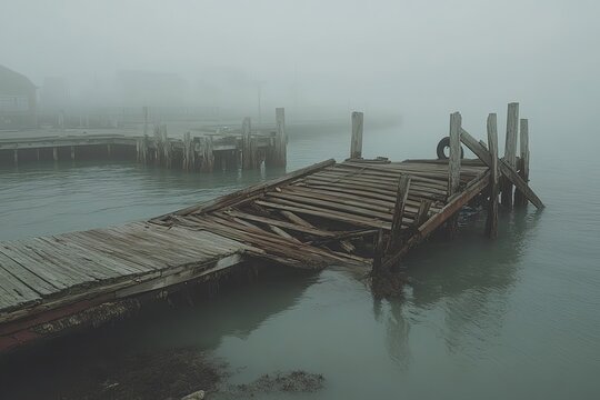 Foggy Day at a Collapsing Wooden Dock