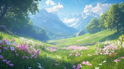 Fototapeta premium Idyllic Alpine Meadow Sunny Mountain Landscape with Wildflowers