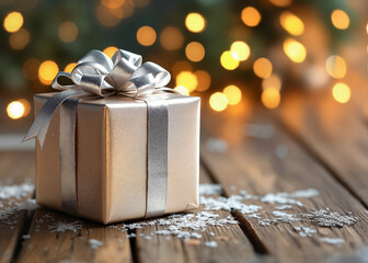 Generated image. Elegant silver gift box with a festive mood on a wooden table and blurred golden bokeh background  
