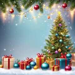 Christmas greeting holiday card template banner design with place for text. Christmas tree, balls, gift boxes, stars, ribbons and light. Merry Christmas and Happy New Year 2025
