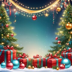 Christmas greeting holiday card template banner design with place for text. Christmas tree, balls, gift boxes, stars, ribbons and light. Merry Christmas and Happy New Year 2025