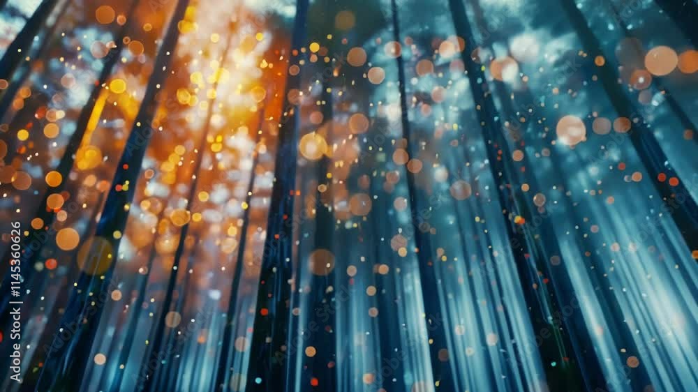 Poster colorful bokeh lights and particles flowing through fiber optic cables, creating a mesmerizing visua
