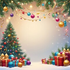 Christmas greeting holiday card template banner design with place for text. Christmas tree, balls, gift boxes, stars, ribbons and light. Merry Christmas and Happy New Year 2025