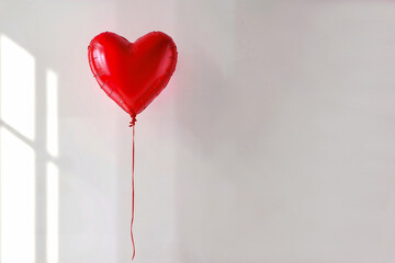 Generated image. Red Heart-shaped Balloon, Festive and Romantic Mood, Floating on a Minimalist White Background with Space to Copy  