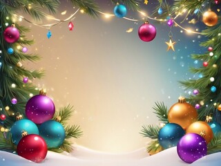 Christmas greeting holiday card template banner design with place for text. Balls on Christmas tree branch, stars, ribbons and light. Merry Christmas and Happy New Year 2025