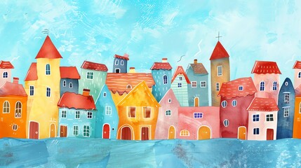 A watercolor painting of a colorful, whimsical town with a blue sky.