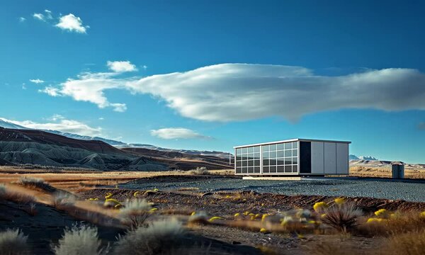 Modern building in vast, desolate landscape under cloudy sky