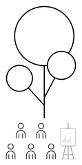 Tree with three circular leaves five person icons, and an easel with a geometric painting. Ideal for educational, environmental, teamwork, creativity, art, nature, education concepts. Line metaphor