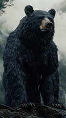 Fototapeta premium Majestic Black Bear Stands on Rocky Outcrop in Misty Forest