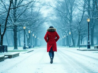 female loneliness, a woman in a red coat walking alone in a winter park during a snowfall