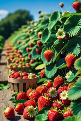 A lush strawberry farm with rows of vibrant green plants filled with ripe, red strawberries glistening under the sunligh