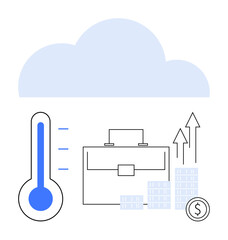 Cloud icon, thermometer, briefcase, rising arrows, stacked coins and bars representing technology and finance interplay. Ideal for business growth, technology, finance, data analysis cloud