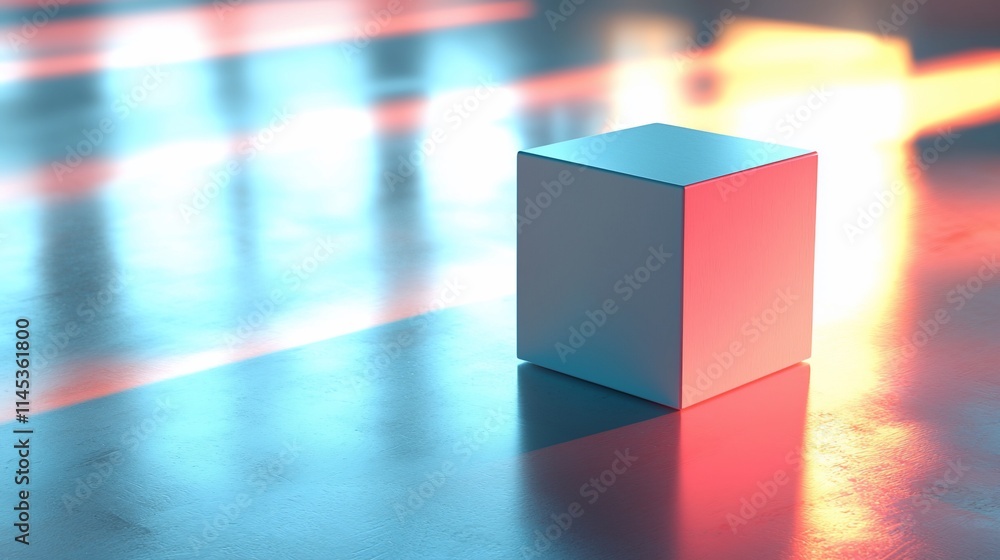 Poster minimalist cube on reflective surface with neon lights.
