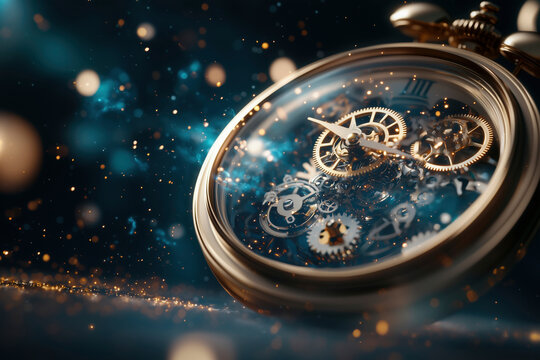 Golden pocket watch with intricate gears and glowing particles, a timeless symbol of precision and craftsmanship. A mesmerizing close-up of a vintage timepiece, capturing the essence of horology