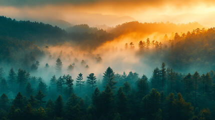 Fototapeta premium Misty mountains bathed in warm orange and yellow hues at sunset, symbolizing tranquility and the beauty of nature's chaos, a perfect high-definition phone wallpaper to evoke peace and awe