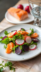 plate with salad with salmon, beets and radishes on the table, Dynamic motion. isolated with white highlights