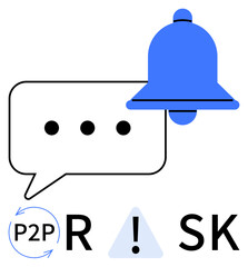 Chat bubble with ellipsis, blue bell icon, P2P symbol, risk triangle, and exclamation mark. Ideal for communication, security alerts, messaging, risk management peer-to-peer networks notifications