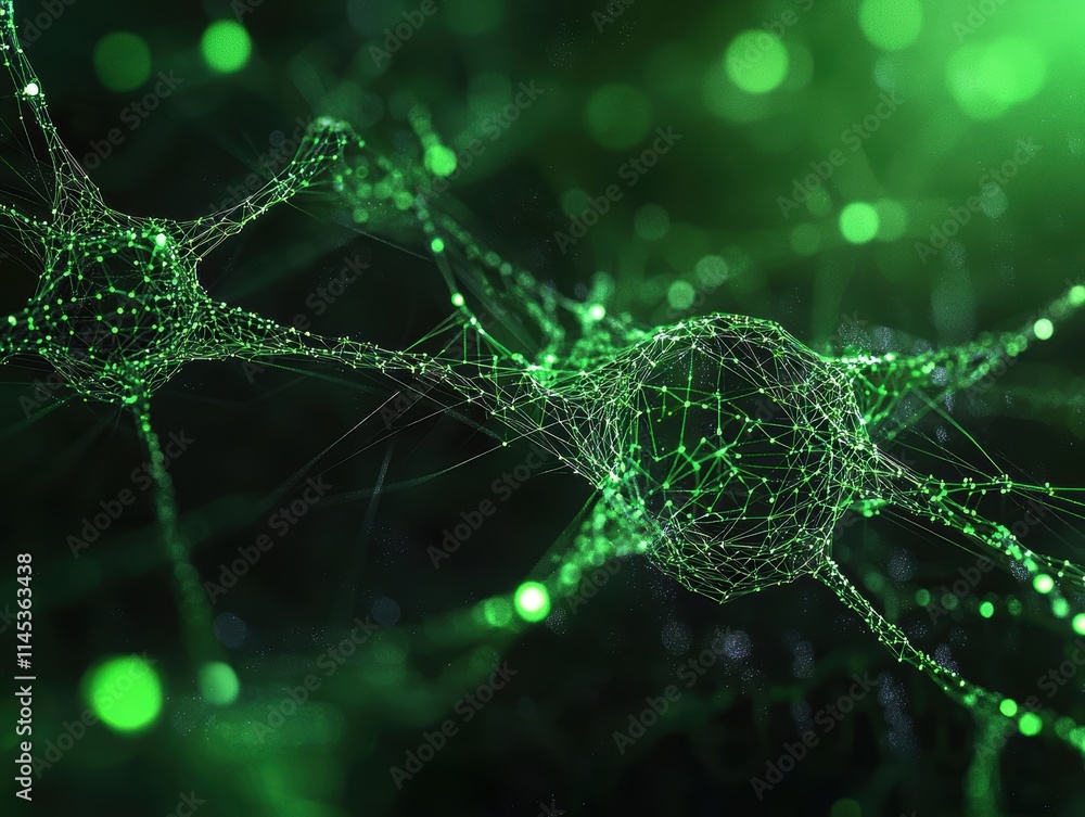Aufkleber abstract green network with nodes and connections in dark background