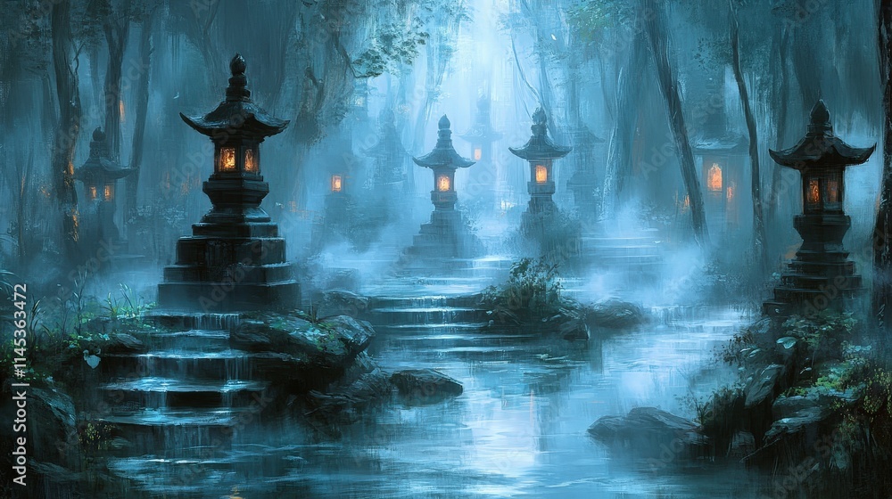 Poster mystical foggy forest path at night with glowing stone lanterns and a gentle stream. a serene and en