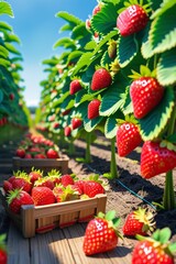 A lush strawberry farm with rows of vibrant green plants filled with ripe, red strawberries glistening under the sunligh