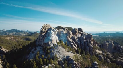 Majestic Mountain Landscape with Stone Carvings Against Clear Sky